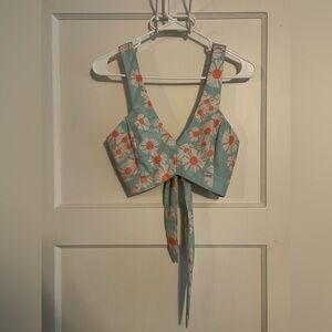 Daisy Print Tie-Back Crop Top - Teal and Orange